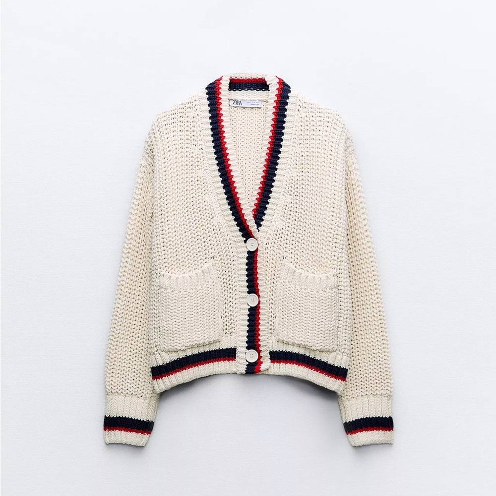 Zara Cream Knit Cardigan with Red & Navy Stripe Trim